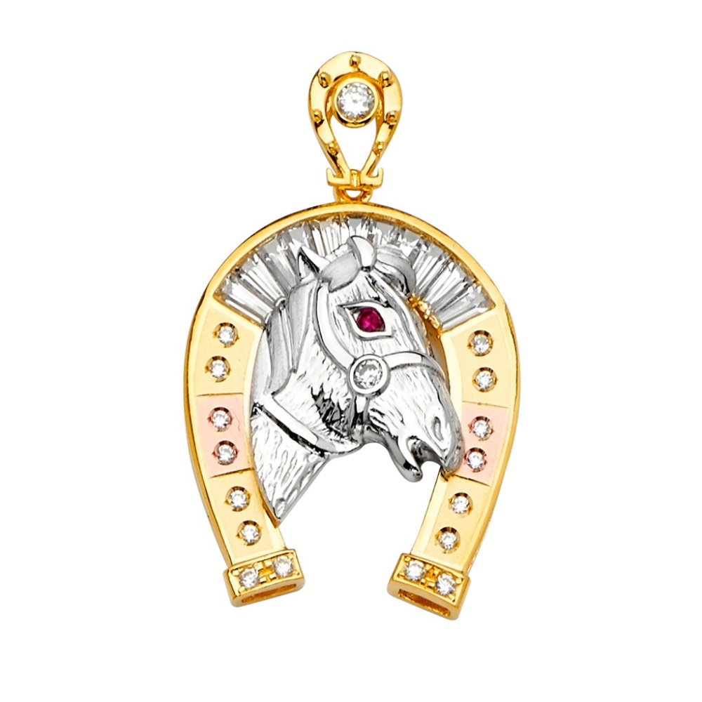 14K Tri Color Gold CZ Horse Shoe Pendant